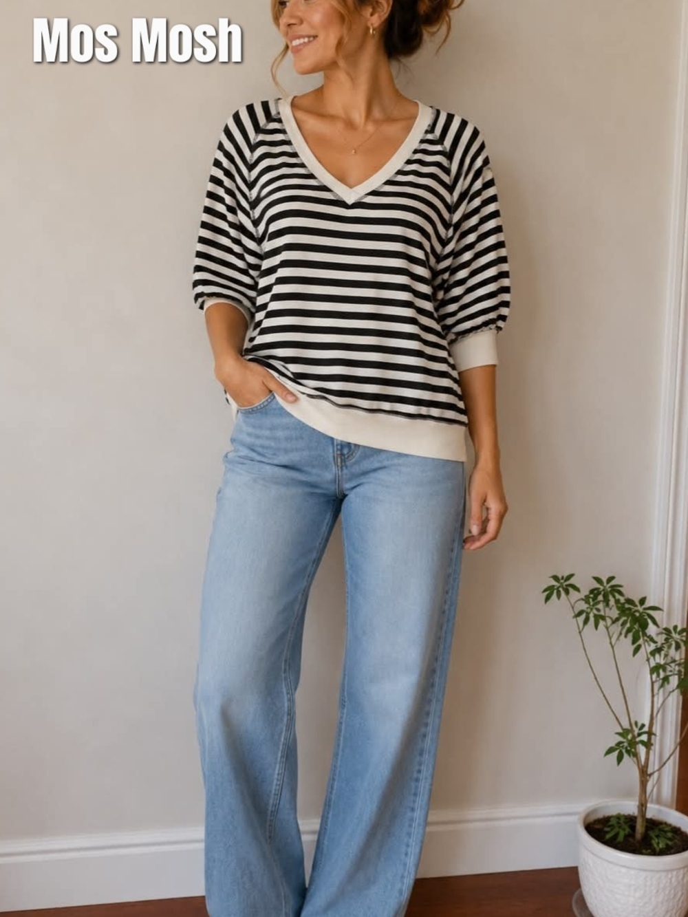 Mos Mosh Black & Cream Striped V-Neck Pullover